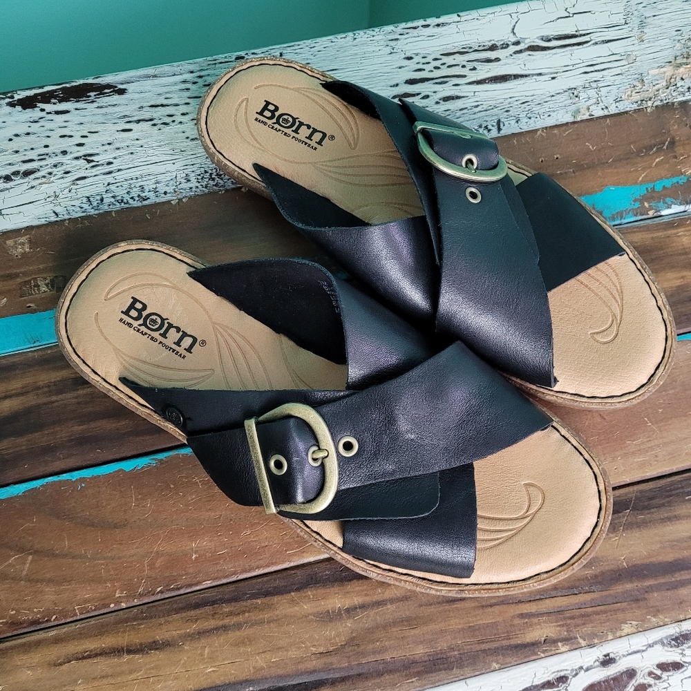 BORN black leather slide sandals size 7M